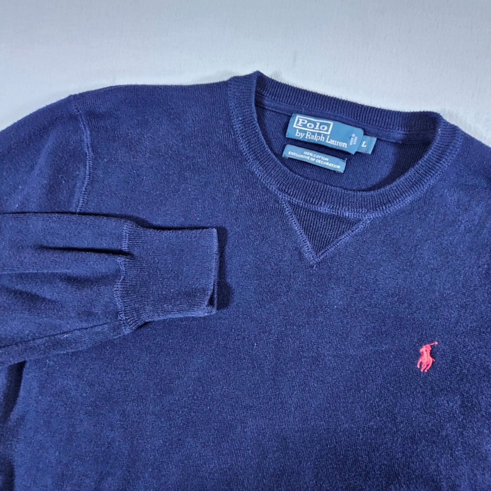 Polo Ralph Lauren Sweater Mens L Navy Blue Cotton Crewneck Red Pony Pullover